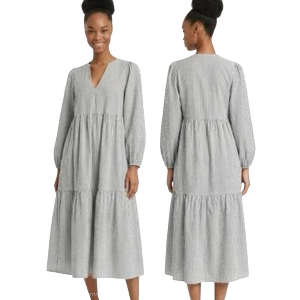 A New Day Women's White & Gray Mini Striped Cotton Blend Seersucker Dress w Pock